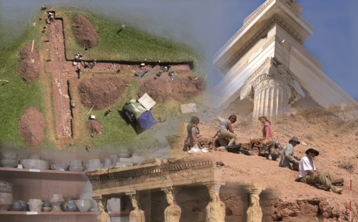 Collage, zeigt Ausgrabungen, Vasen und antike Tempel.