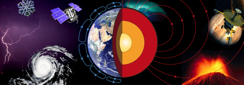 Erde, aufgeschnitten, mit Hadley-Zellen und Magnetfeld, Schneeflocke, Vulkan, Zyklon, Blitz, Satelliten als Symbolbild für den Studiengang