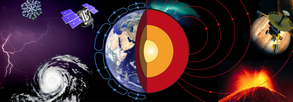 The Earth, split open, with Hadley cells and a magnetic field, snow flake, volcano, cyclone, lightning and satellites as symbols of the study course